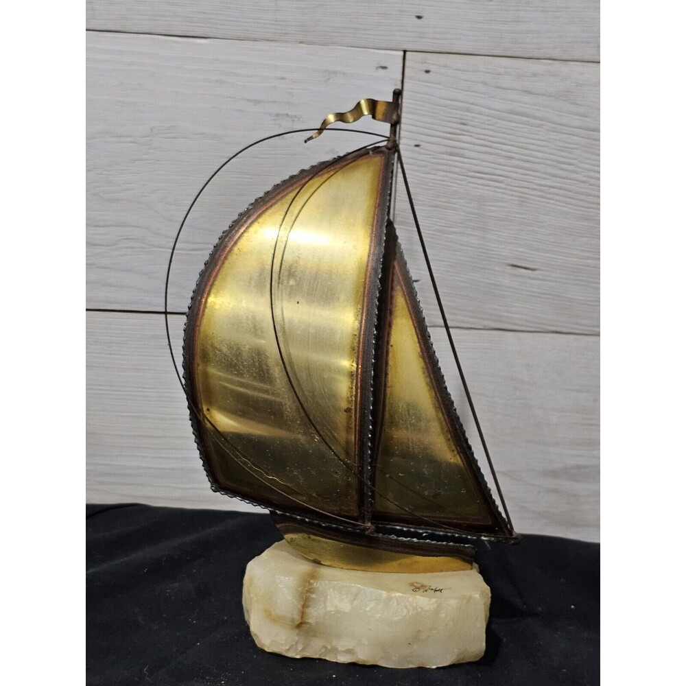 Brass Onyx Vintage Sailboat Sculpture 1975 John DeMott Signed Nautical